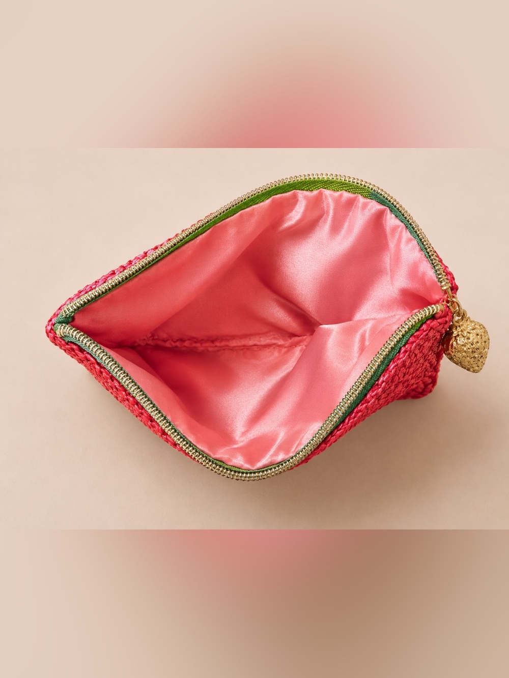 IPSY Strawberry 🍓 Pink Woven Makeup Bag Satin Lined Cosmetic Pouch - Picture 5 of 6